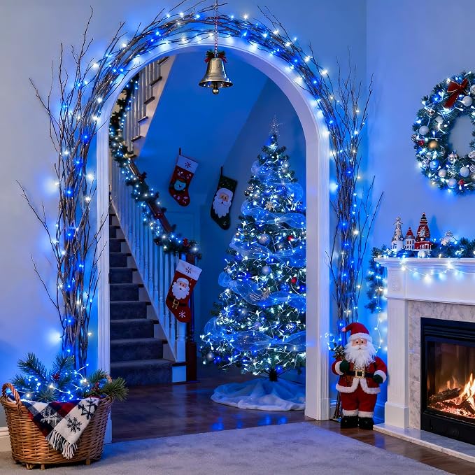 JMEXSUSS Connectable 100 LED Blue and White Christmas Lights with 8 Modes | Twinkle String Lights Indoor, Clear Wire Plug-in Christmas String Lights Outdoor Waterproof for Christmas Decor