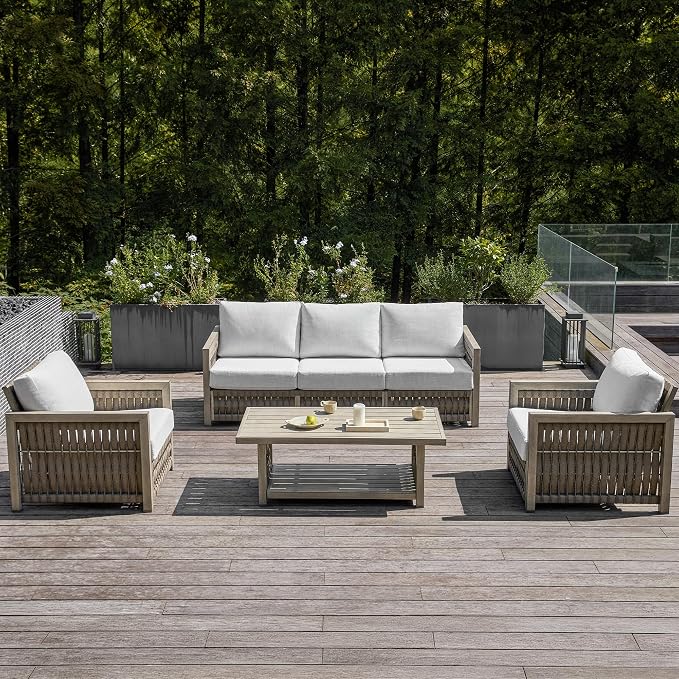 4 Pieces Patio Furniture Set, Outdoor Patio Couch Sofa with Coffee Table, Rope Weave & Aluminum Frame, All-Weather Garden Outdoor Contemporary Sofa with Cushion for Porch Yard Deck, Gray Oak