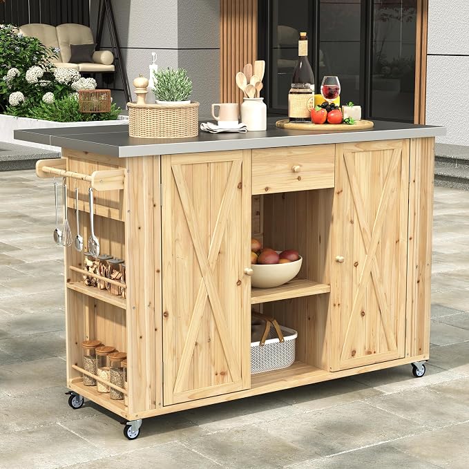 Outdoor Kitchen Island Fir Wood Kitchen Island with Stainless Steel Top,Ample Storage Space, Towel and Spice Racks and a Bottle Opener for Outdoor (Natural Wood@53)