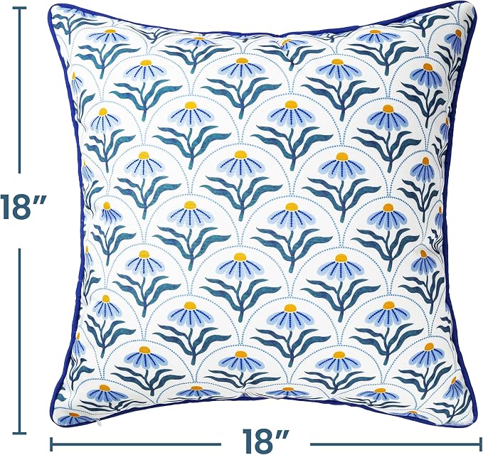 Outdoor Pillow Covers 18x18 Inch, Water-Resistant Decorative Pillow Covers Pack of 2, Floral Throw Pillow Case for Patio Furniture Tent Garden, Blue Bloom with Blue Edge, Cover ONLY