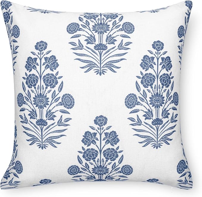 California Casual Coastal Indoor Outdoor Throw Pillow Cover, 20"x20" Water Repellent for Patio, Backyard, Couch, Poolside, Azure Blue Print Floral