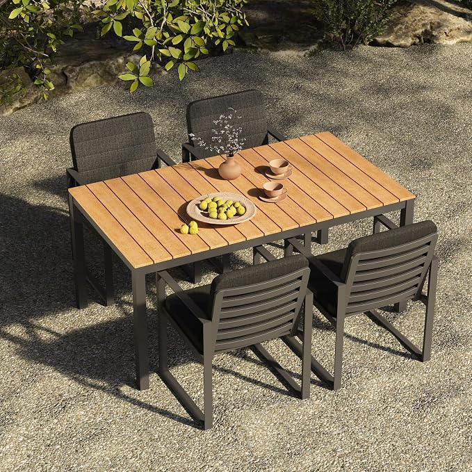 Outdoor Dining Table for 4-6 People Weather-Resistant Rectangle Patio Dining Table with Aluminum Frame for Garden Backyard Porch, Grey