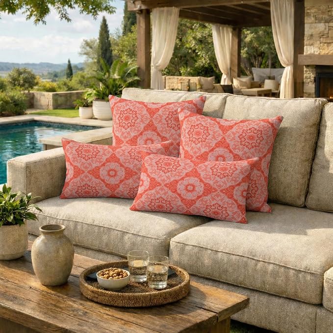 RSH DECOR: Outdura Lumbar & Square Pillows Set of 4 | 20" x 12" & 17" x 17" | Water and Fade-Resistant Fabric | Outdoor Throw Pillows for Patio Furniture | Made in USA (Ayorline Flamin)