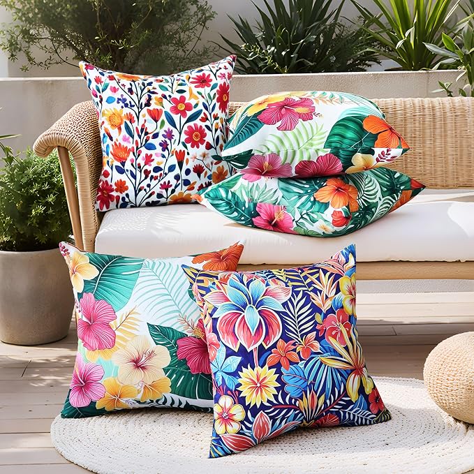 Outdoor Pillow Covers 20x20 Inch Set of 2, Tropical Floral Plants Boho Throw Pillows Cases Waterproof Square Garden Cushion Sham for Patio Funiture Tent Balcony Bench Sofa Couch, Yellow Green