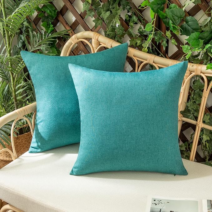 Outdoor Waterproof Throw Pillow Covers Turquoise 18x18 Set of 2 | Decorative Farmhouse Linen Pillowcases Solid Cushion Cases for Patio Tent Balcony Couch Sofa Living Room