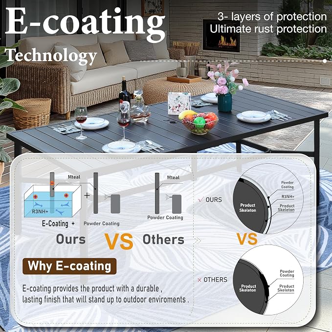 MFSTUDIO 9 Pieces Outdoor Patio Dining Furniture Set for 8,1 Large Rectangle Metal Table with 1.7'' Umbrella Hole and 8 Wicker Sofa Chairs with Navy Cushions, Outdoor Table and Chairs Dining Set for 8