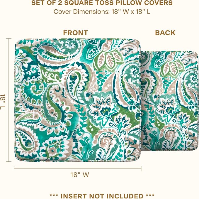 Honeycomb Outdoor Square Toss Pillow Covers, 18 x 18, 2-Pack | Geneva Paisley Turquoise Slipcovers, Water & Fade Resistant for Patio Furniture Set, Cover Only, No Insert