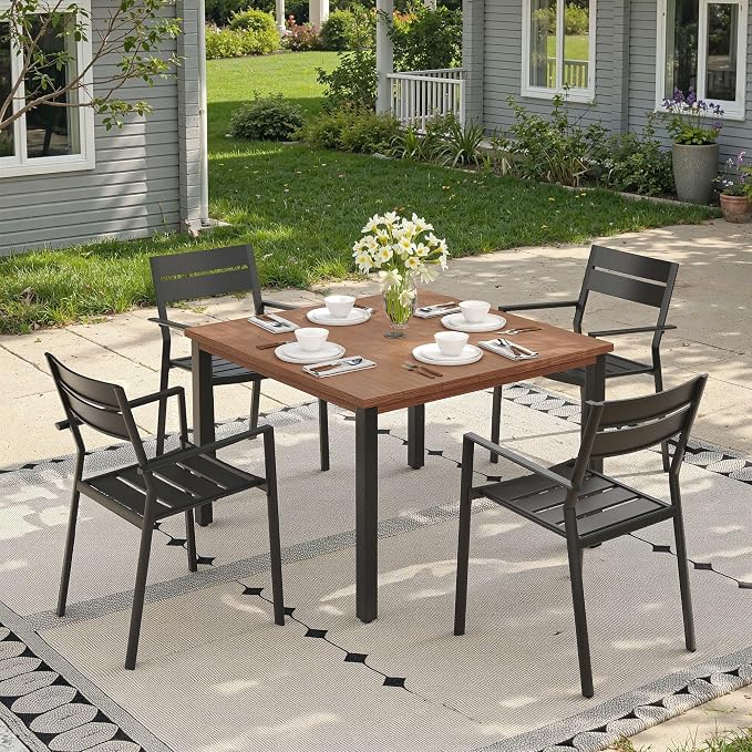 Patio Dining Set for 4, 40.2" Outdoor Dining Table and Chairs Set with Stackable Patio Chairs Outdoor Furniture for Garden Deck Backyard, Walnut Table and Black Chairs