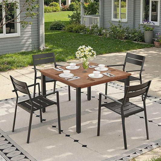 Patio Dining Set for 4, 40.2" Outdoor Dining Table and Chairs Set with Stackable Patio Chairs Outdoor Furniture for Garden Deck Backyard, Walnut Table and Black Chairs
