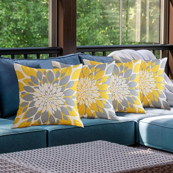 Pack of 4 Fall Outdoor Waterproof Pillow Covers 18x18 Decorative Outdoor Throw Pillows Garden Square Cushion Cases for Patio Furniture, Couch, Tent Sunbrella, Bench, Mustard Yellow Grey
