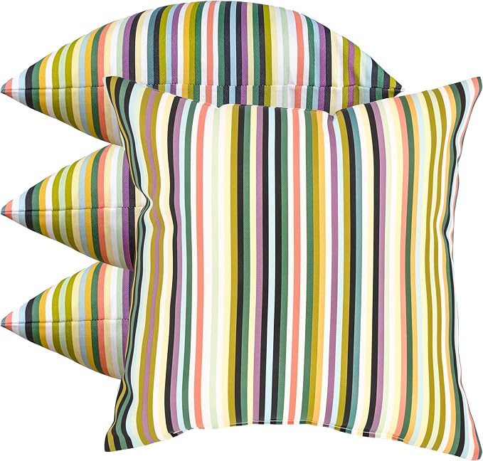 18" Outdoor Throw Pillows Set of 4, Waterproof & Fade Resistant Patio Furniture Pillows with Built-in Inserts, All-in-One Vibrant Multi Stripe Design for Sofa, Patio or Backyard Relaxation