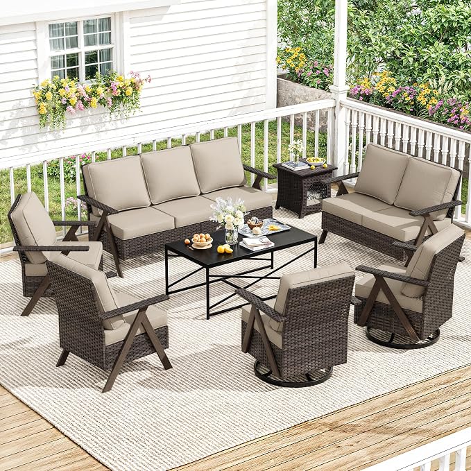 8 Pieces Patio Furniture Set,Outdoor Loveseat Sofa & High Back Swivel Rocker Patio Chairs, Wicker Conversation Set with Coffee Table and Side Table for Deck Yard and Poolside