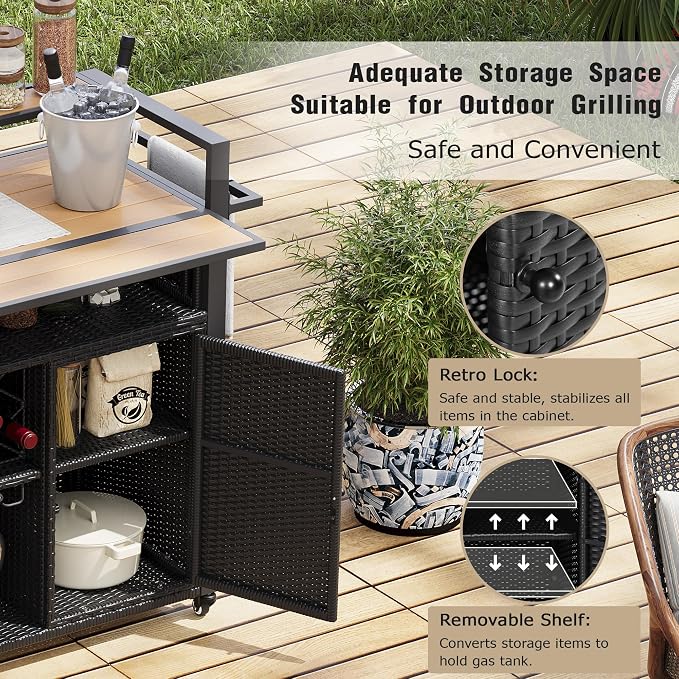 52.8" W Wicker Outdoor Bar Cart Table with Extended Plastic Wood Table Top, Outdoor Grill Cart with Large Storage Cabinet, for Patio Backyard Garden Poolside, Double Handle Design, Black