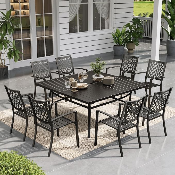Sophia & William Patio Table and Chairs Set, Outdoor Dining Set for 8, 9 Piece Metal Patio Furniture, 60" Black Square Table(Diamond)