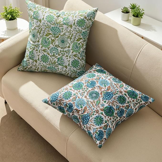 Allorry Outdoor Waterproof Pillow Covers 20x20 Green Floral Outdoor Decor | Set of 2 Vintage Floral Block Print Pillow Cover,Farmhouse Boho Decorative for Spring Summer Outdoor Sofa Bedroom Decor