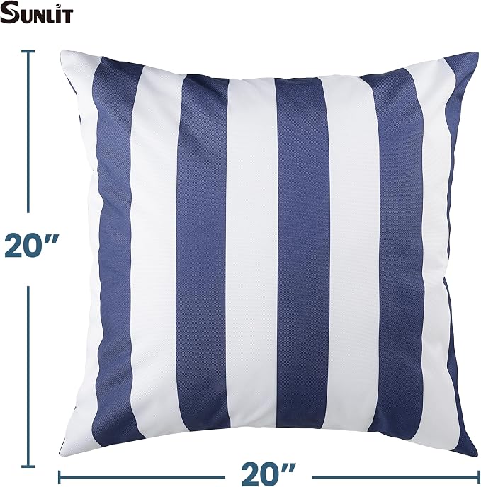 Outdoor Pillow Covers 20x20 Inch, Waterproof Throw Pillow Covers Pack of 2, Water-Resistant Decorative Pillow Case for Patio Furniture Tent Garden, Nautical Navy Blue White Stripes, Cover ONLY