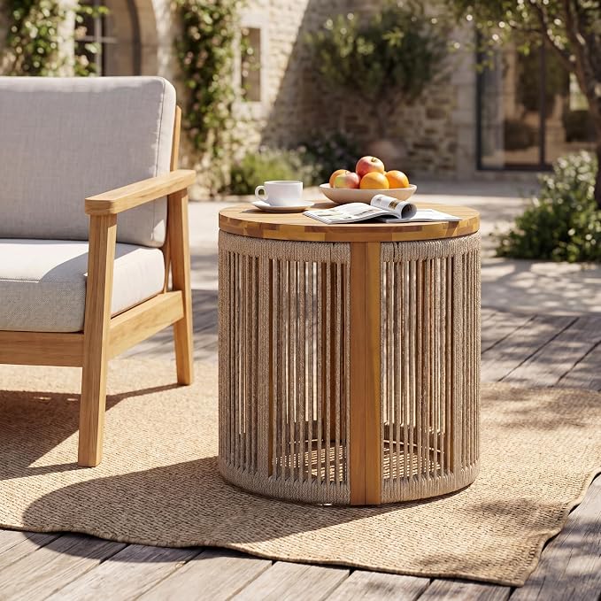 Christopher Knight Home Kimmy Outdoor Side Table with Rope Accent, Acacia Wood Coffee Table, Patio Round Side Table, Weather Resistant Accent Table for Outdoor Patio Furniture Set, Brown + Teak