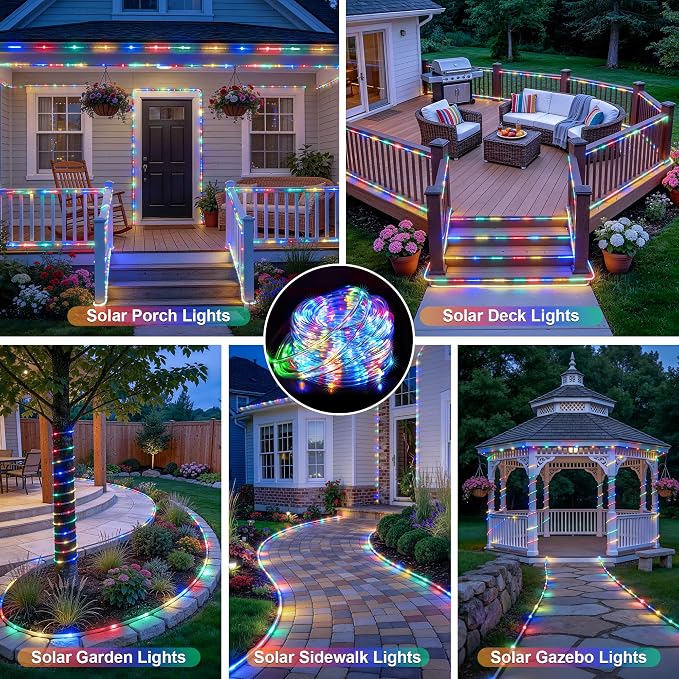 JMEXSUSS Trampoline Accessories 66ft 200 LED Trampoline Lights with 8 Modes | IP 65 Waterproof Solar Rope Lights Outdoor, Solar Patio Lights for Fence Garden Yard Backyard Tree Slide (Multicolor)