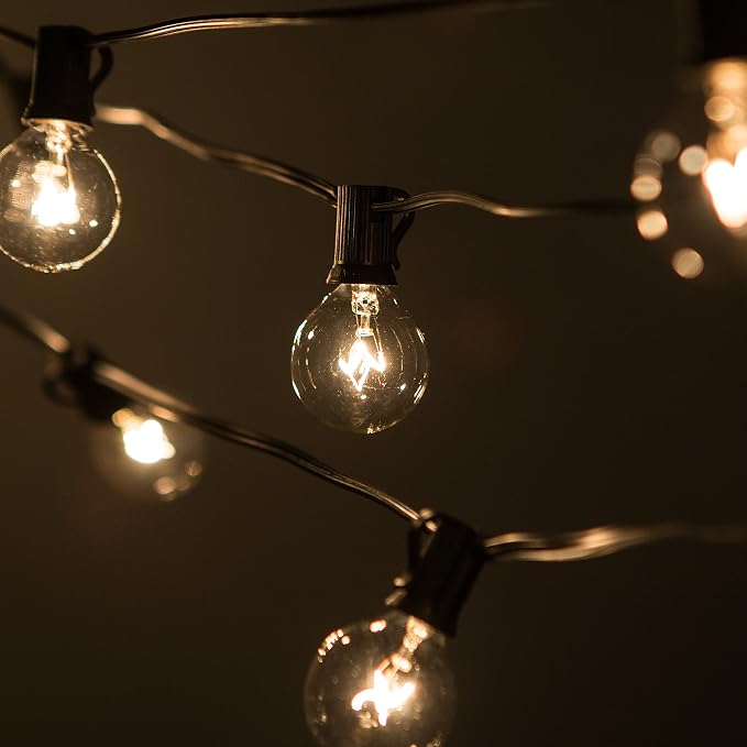 25’ G40 Globe String Lights Set with G40 Clear Light Bulbs and Black Wire | (+ 1 Free Spare) for Outdoor Deck, Patio, Balcony, Awning, Canopy, and Porch Lighting