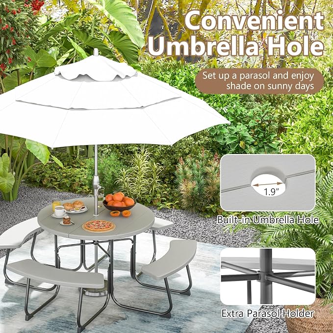 Round Picnic Table for 8 Person, Outside Table Bench Set w/ 4 Built-in Benches, Umbrella Hole, HDPE Top & Metal Frame, 2000LBS Capacity Outdoor Picnic Table for Garden, Porch, Patio (Grey)