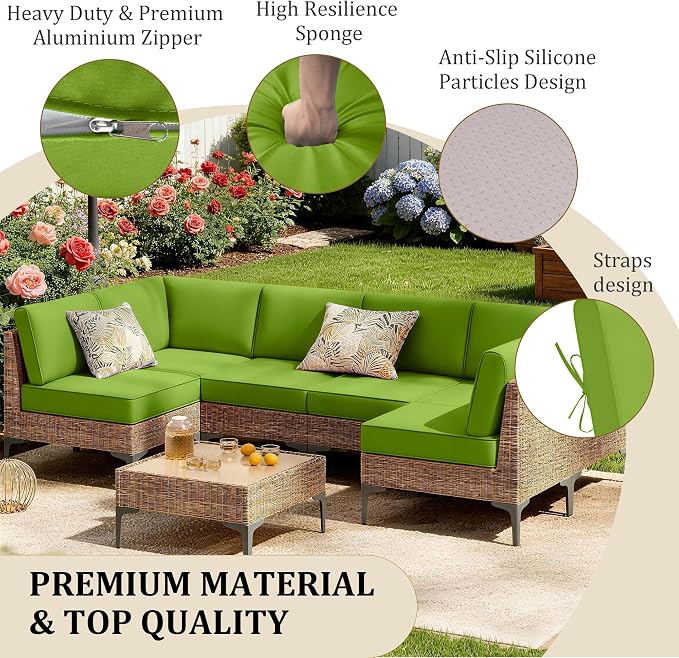 14pc Waterproof Outdoor Couch Cushions for 6 Seat Patio, Light Green | Water-resistant, UV-resistant,14pc High-Density Foam Replacement Cushions for 6-Seat Outdoor Sectional Furniture