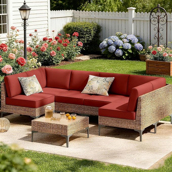 Outdoor Sectional Cushions 14-Piece Replacement Cushions Set for 6-Seat Patio Furniture Waterproof 4'' Thick Outdoor Sofa Cushion Patio Wicker Couch Cushion (Red, 14-Piece Set)