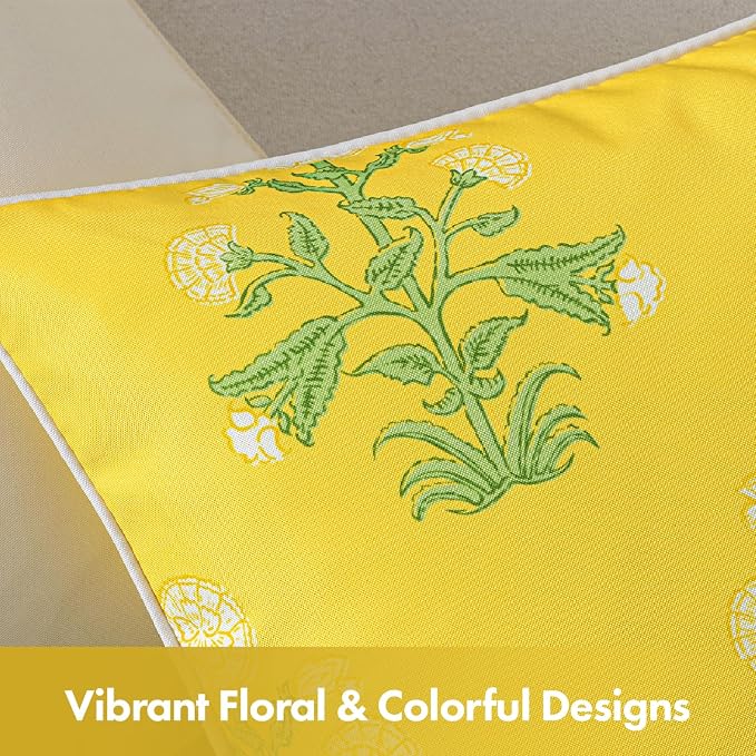 MIULEE Floral Outdoor Pillows Covers with Inserts 18x18 Yellow | Set of 2 Waterproof Decorative Throw Pillows with Piping,Vintage Fade Resistant, Patio Furniture Summer Garden Couch Sofa