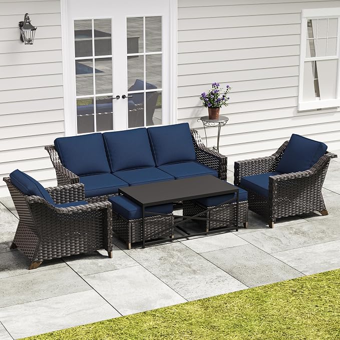6 Pieces Outdoor Conversation Furniture Set - 77" Patio Sofa, 2 Armchairs, 2 Ottomans, 1 Metal Table, Patio Wicker Couch Set with Washable Cushions for Swimming Pool (Navy Blue)