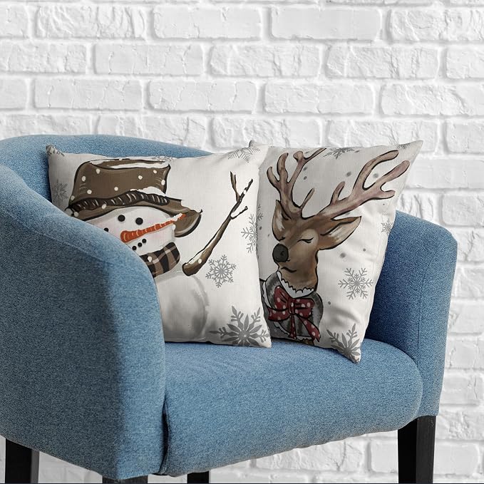 Christmas Outdoor Pillow Covers 16x16 Set of 2 Brown Snowman Reindeer with Snowflakes Throw Pillow Covers Decorative Cotton Linen Cushion Case for Home Decor Couch Living Room