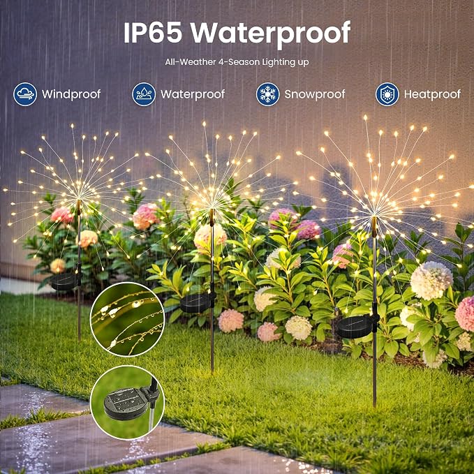 4Pack Solar Lights Outdoor, 120LED Firework Lights | Fireworks Lights Solar Powered, Waterproof Fairy Garden Lights Decor Outside for Yard Pathway Lawn Patio(Warm White)