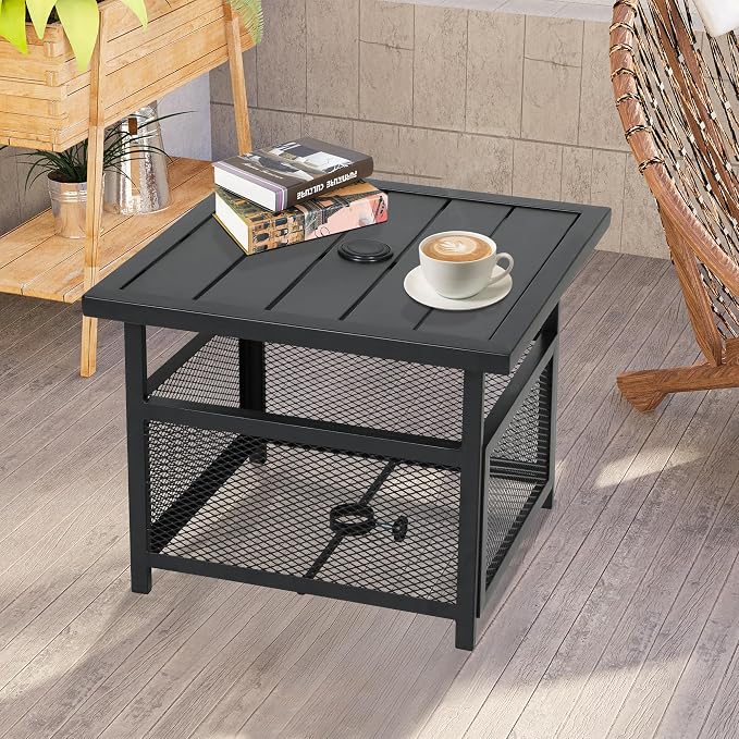 Crownland Outdoor Bistro Patio Square Side Table with 1.57 inches Umbrella Hole for Garden, Swimming Pool, Backyard, Black