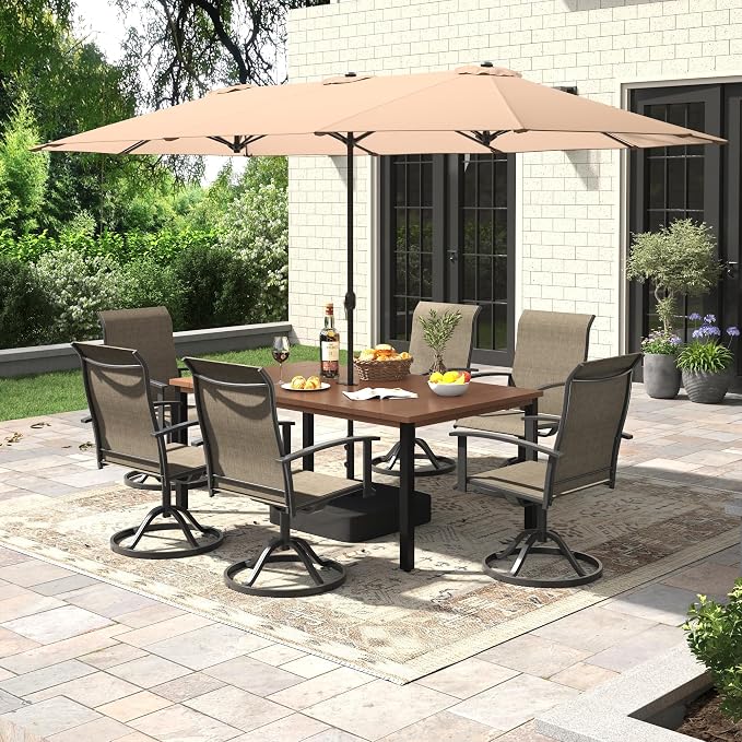 7 Pieces Patio Dining Set with Patio Umbrella, Outdoor Furniture of 63" Rectangular Patio Table and Patio Swivel Chairs for Backyard Lawn Garden, Walnut Table and Mixed Brown Chairs