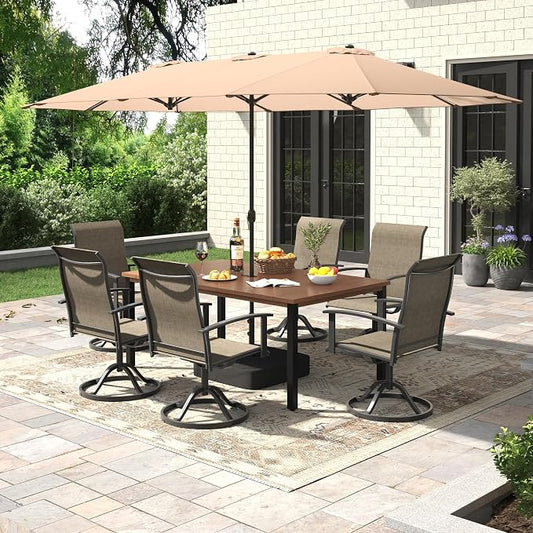 7 Pieces Patio Dining Set with Patio Umbrella, Outdoor Furniture of 63" Rectangular Patio Table and Patio Swivel Chairs for Backyard Lawn Garden, Walnut Table and Mixed Brown Chairs