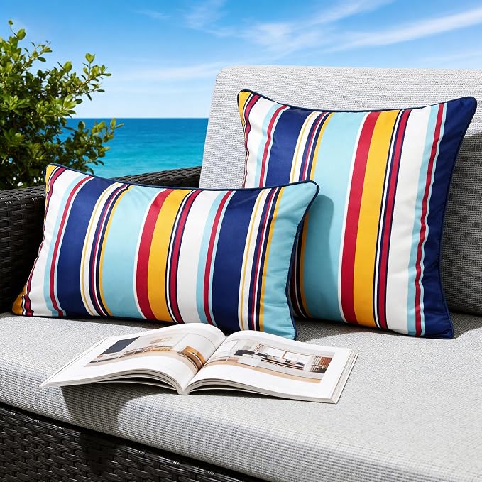 Waterproof Outdoor Pillow Covers 18x18 Inch Set of 2, Colorful Stripe Decorative Throw Pillow Cover with Piping, Modern Farmhouse Cushion Cases for Summer Patio Garden Porch Balcony Beach