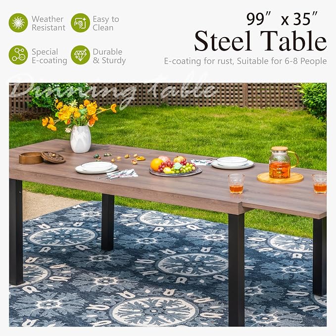 Sophia & William Patio Table and Chairs Set, Outdoor Dining Set for 8, 9 Piece Metal Patio Furniture, 99" Expandable Rectangular Table with Wood-Like Tabletop(Diamond)