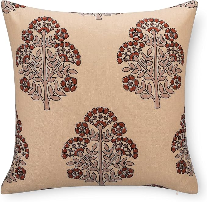 Crumbs Home Modern Farmhouse California Casual Indoor Outdoor Throw Pillow Cover, 20"x20" Water Repellent for Patio, Backyard, Couch, Poolside, Earth Tone Tan Rust Orange Block Print Hydrangea Flowers