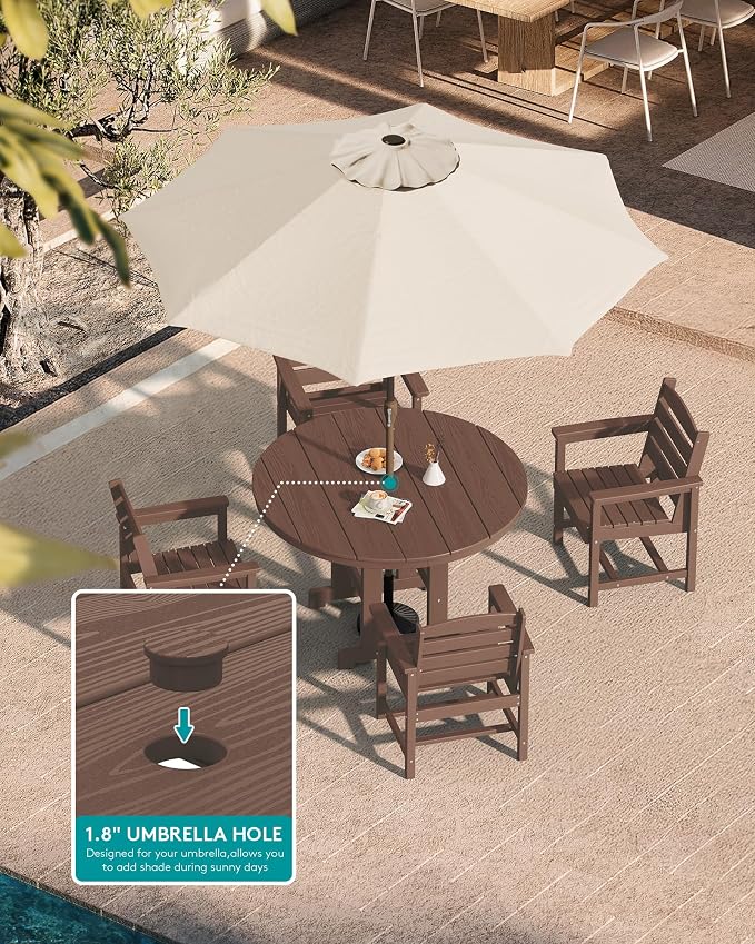 SERWALL 6-Piece Patio Dining Sets, HDPE Outdoor Table and Chairs Furniture Set with Umbrella, 45" Round Dining Table & 4 Dining Chairs & 1 9FT Umbrella, Coffee(Not Include Umbrella Base)