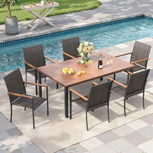 Patio Dining Set for 6, 63" Rectangular Metal Table with Umbrella Hole and Stackable Wicker Patio Chairs, Outdoor Furniture Set for Deck Backyard Garden, Walnut Chairs, Walnut Table