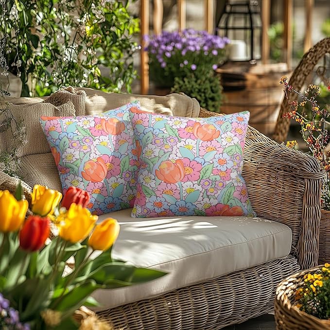 JASEN Outdoor Waterproof Throw Pillow Covers 18x18 Inch, Spring Floral Double Sided Decorative Square Covers for Patio Furniture Garden Square Couch & Sofa - Pack of 2 (Floral B)