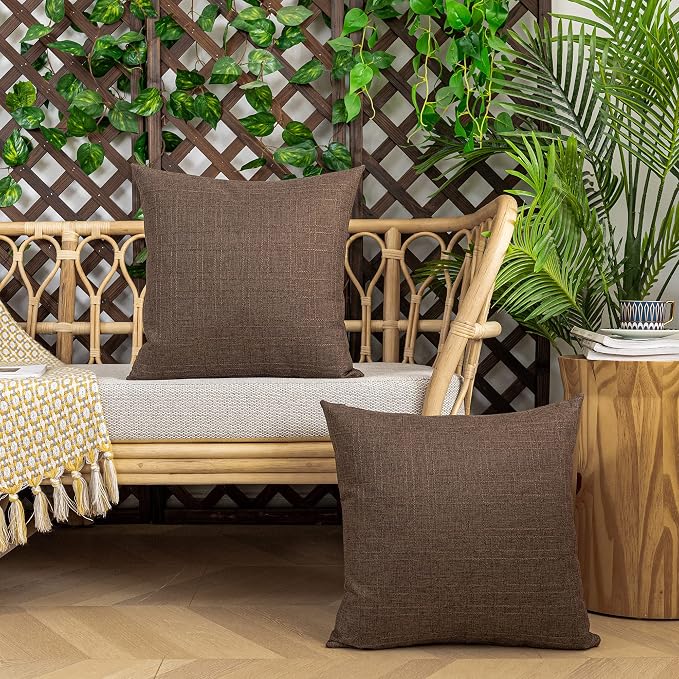 Kevin Textile Outdoor Waterproof 20”x20” Pillow Covers 2 Pack, Brown | Water Resistant, Soft Faux Linen-cotton Yarn-dyed Woven Texture Throw Pillow Covers for Tent Patio Garden Couch Sofa