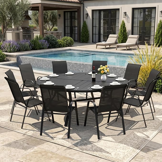 DIFY 11 Piece Outdoor Dining Set, 63" Black Round Metal Dining Table and Dark Grey Textilene Stackable Patio Chairs, Patio Table and Chairs Set for 10 with Umbrella Hole for Backyard Garden Deck