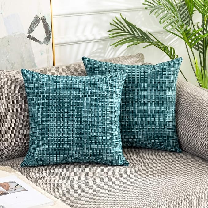 Kevin Textile Outdoor Waterproof 20x20 Inch Pillow Covers 2 Pack, Teal | Water Resistant, Faux Linen Yarn-dyed, Woven Texture Throw Pillow Covers for Tent Patio Garden Couch Sofa