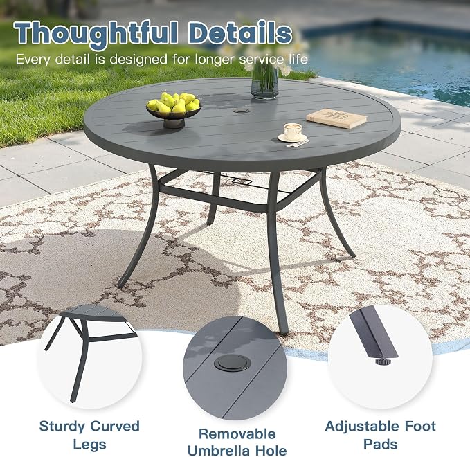 DIFY 7 Piece Outdoor Dining Set, 50" Round Metal Patio Table and Textilene Stackable Chairs for 6, All Weather Patio Furniture Set with Umbrella Hole for Backyard Garden Deck, Grey