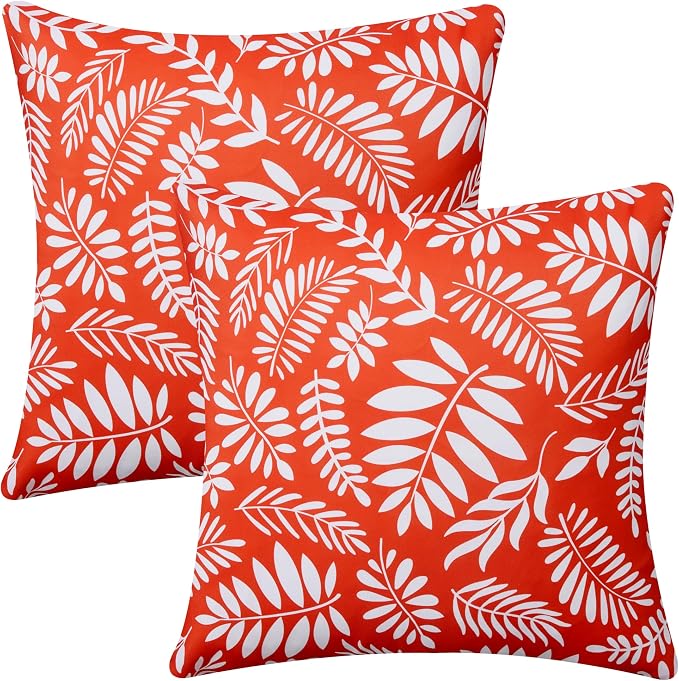 Allorry Outdoor Pillow Covers 18x18 Set of 2 Tropics Palm Leaves Brick Red Floral Pattern Decoration Pillow Covers for Summer Fall Outdoor Waterproof Garden Patio Sofa Bedroom Home Decor JB009-D18