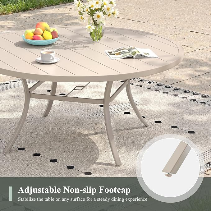Outdoor Dining Table for 6, 50" Round Outdoor Table with Adjustable Umbrella Hole, All-Weather Metal Patio Dining Table for Lawn Garden Backyard Deck, Sandshell