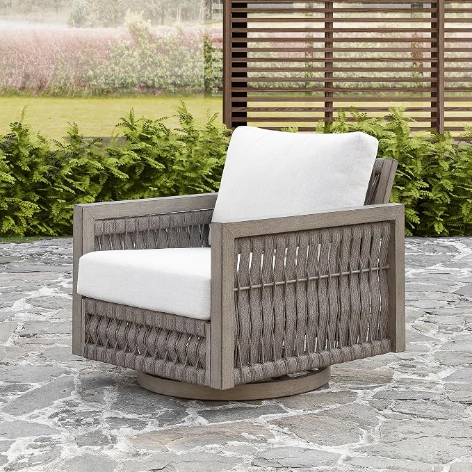 2 Pieces Patio Swivel Chair, Rope Weave Outdoor Chair with Widened Armrests & Thick Cushions, All-Weather Never-Rust Aluminum Deep Seating Armchair for Garden, Porch, Deck, Gray Oak