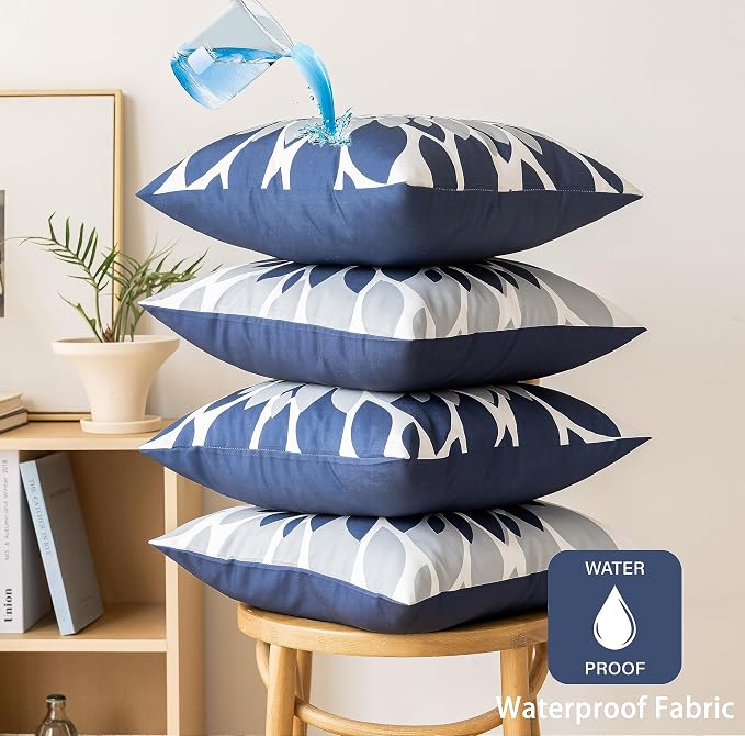 Pack of 4 Outdoor Waterproof Pillow Covers 24x24 Decorative Outdoor Throw Pillows Garden Square Cushion Cases for Patio Furniture, Couch, Tent Sunbrella, Bench, Navy Blue Grey
