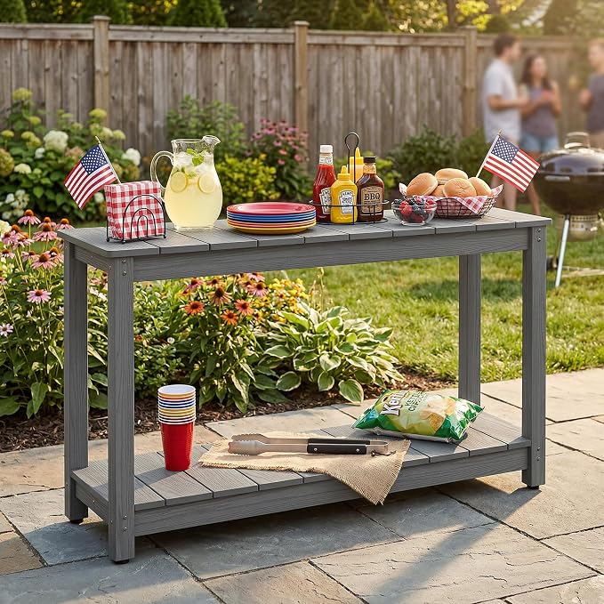 Outdoor Console Table, 48" Weather Resistant HIPS Patio Side Table, 440LBS Weight Capacity, 2-Tier Multifunctional Buffet Bar Storage Organizer for Garden Deck, Gray