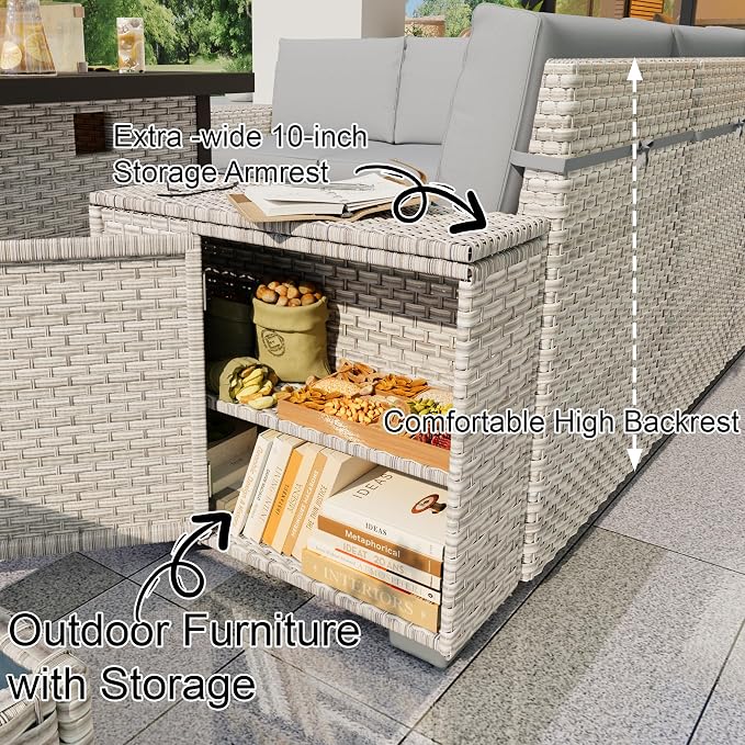6-Piece Outdoor Patio Furniture Set, Rattan Wicker Conversation Set with Wide Armrests, Outdoor Modular Sectional Couch Seating Group Sofa for Deck Garden Porch (Gray Cushions)