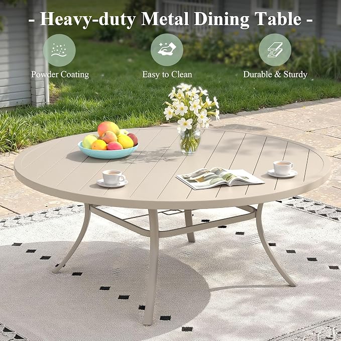 Patio Dining Set for 10, Round 63" Outdoor Dining Table and Chairs Set with Stackable Patio Chairs Outdoor Furniture for Garden Deck Backyard, Sandshell Table and Sandshell Chairs